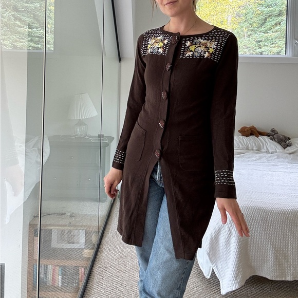Vintage Brown Floral Embroidered Long line Cardigan xs - Picture 3 of 12